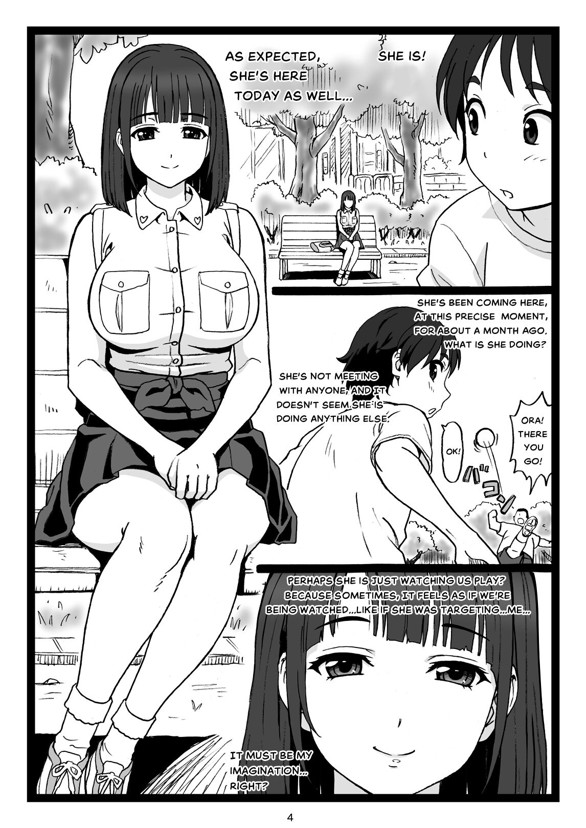 Kouen no Bench ni Suwatteru Kirei na Onee-san ga Boku ni "Ochinchin o Misete" to Itte Kuru no de... | A Pretty Onee-San, that's sitting on a Bench in the Park...suddenly says to Me: . Engl page 4 full